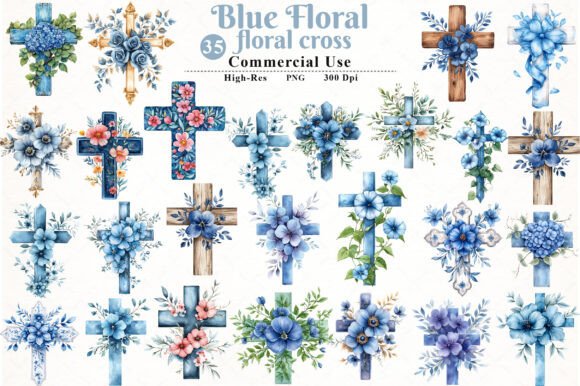 Download Watercolor Blue Floral Cross Clipart - Cross clipart Collection
