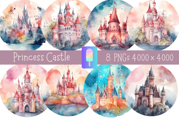 Download Watercolor Princess Castle Bundle of 8 - Watercolor princess Collection