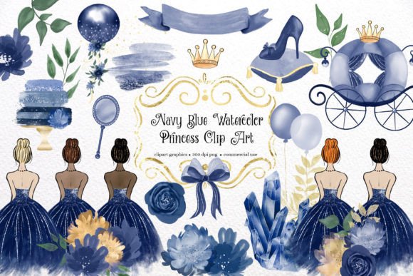 Download Navy Blue Watercolor Princess Clipart - Watercolor princess Collection
