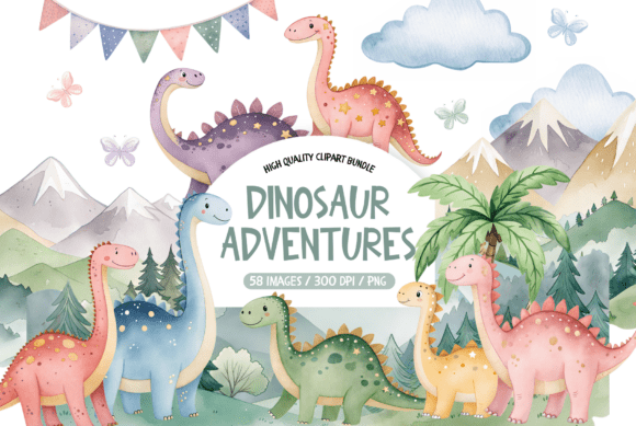 Download Watercolor Cute Dinosaur Clipart Set - Dinosaur clipart Collection